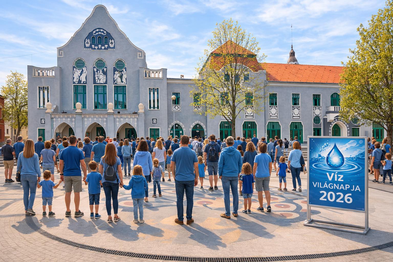 A képen kék ruhás emberek állnak a főtéren